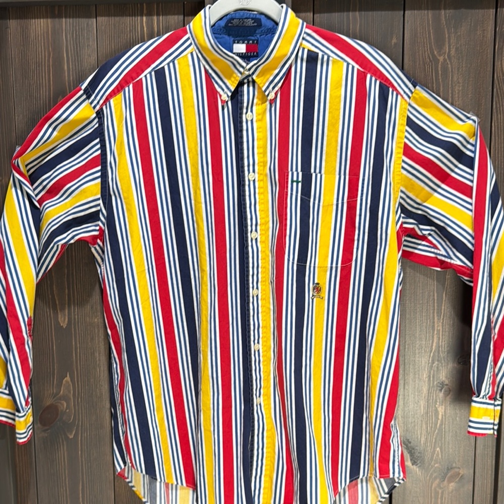 Tommy Hilfiger Red and Yellow Dress Shirt with Vertical Stripes